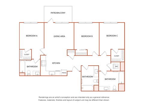 Floor plan for 3 beds, 3 baths, 1245 sqft